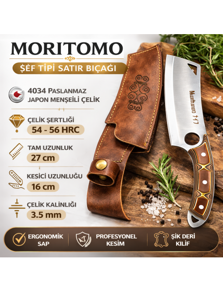 Moritomo Knives Outdoor Bıçak Çakı Kamp Doğa Mutfak Şef Bıçağı Orijinal Deri Kılıfı ile Birlikte