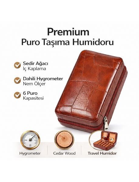 Cohiba Premium Puro Taşıma Humidoru - Kızıl Kahve Deri Çanta Tipi